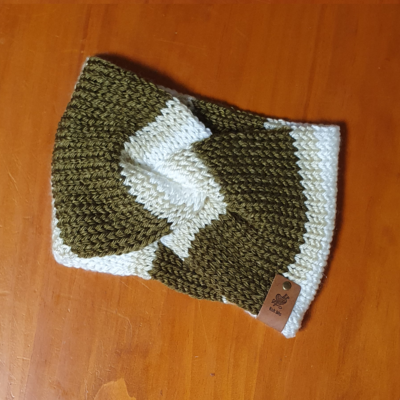Acrylic Twisted Ear Warmers in Olive, Tan and Cream