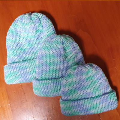 100% Acrylic Baby Beanies - Green & Blue Print with Brim