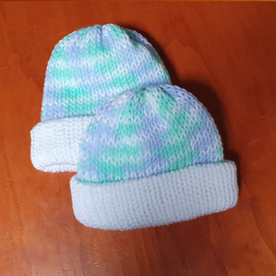 100% Acrylic Baby Beanies - Green & Blue Print Reversable