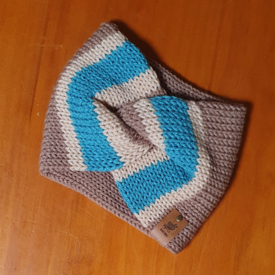 Twisted Ear Warmer in Tan Beige and Teal